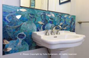 blue bathroom backsplash, stained glass mosaic