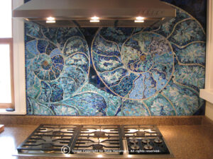 ammonite mosaic backsplash, kitchen backsplash, hand-made